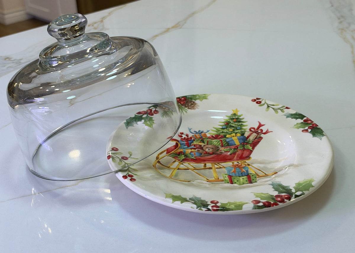 Vintage Pier 1 Winter Wonders Christmas Sleigh Ironstone Plate & Glass Cloche Dome Set