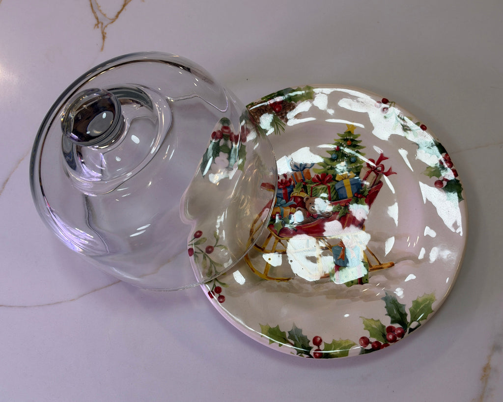Vintage Pier 1 Winter Wonders Christmas Sleigh Ironstone Plate & Glass Cloche Dome Set