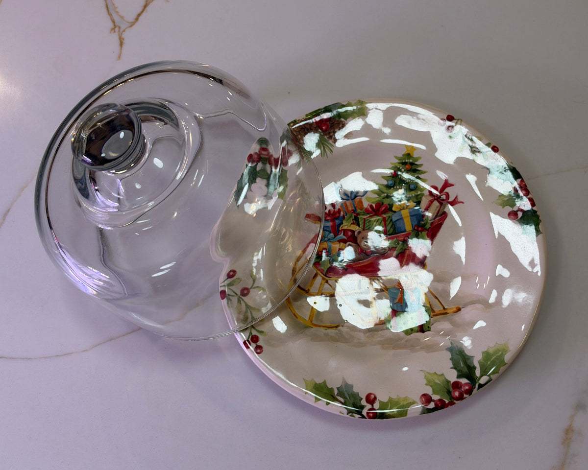 Vintage Pier 1 Winter Wonders Christmas Sleigh Ironstone Plate & Glass Cloche Dome Set