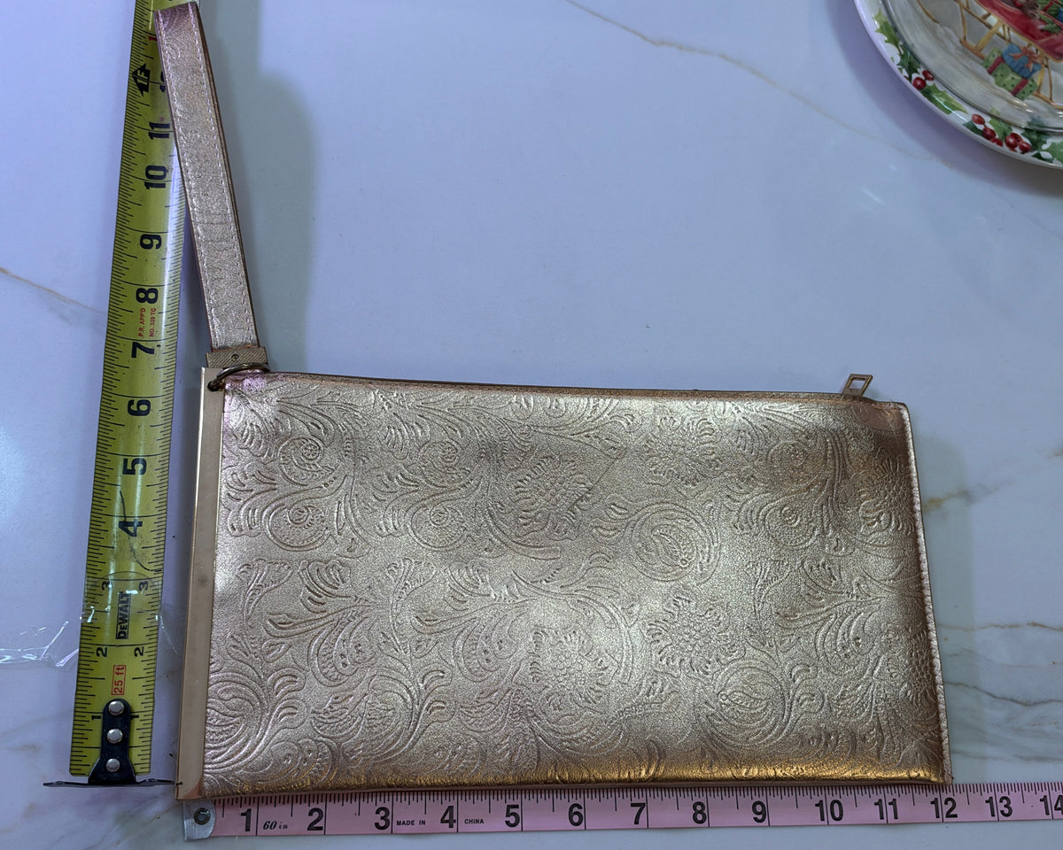 Vintage Metallic Rose Gold Embossed Floral Wristlet Clutch – Elegant Evening Purse