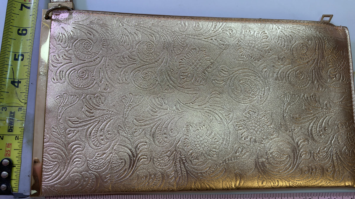 Vintage Metallic Rose Gold Embossed Floral Wristlet Clutch – Elegant Evening Purse