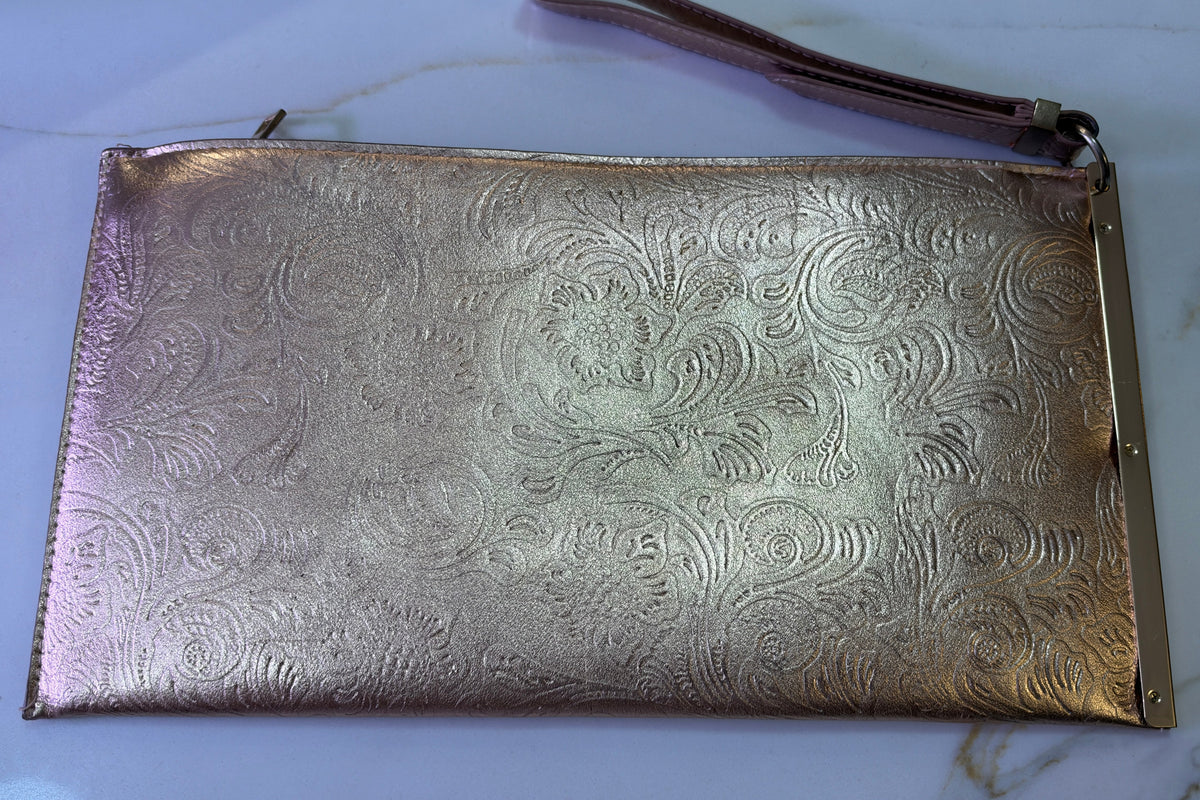 Vintage Metallic Rose Gold Embossed Floral Wristlet Clutch – Elegant Evening Purse