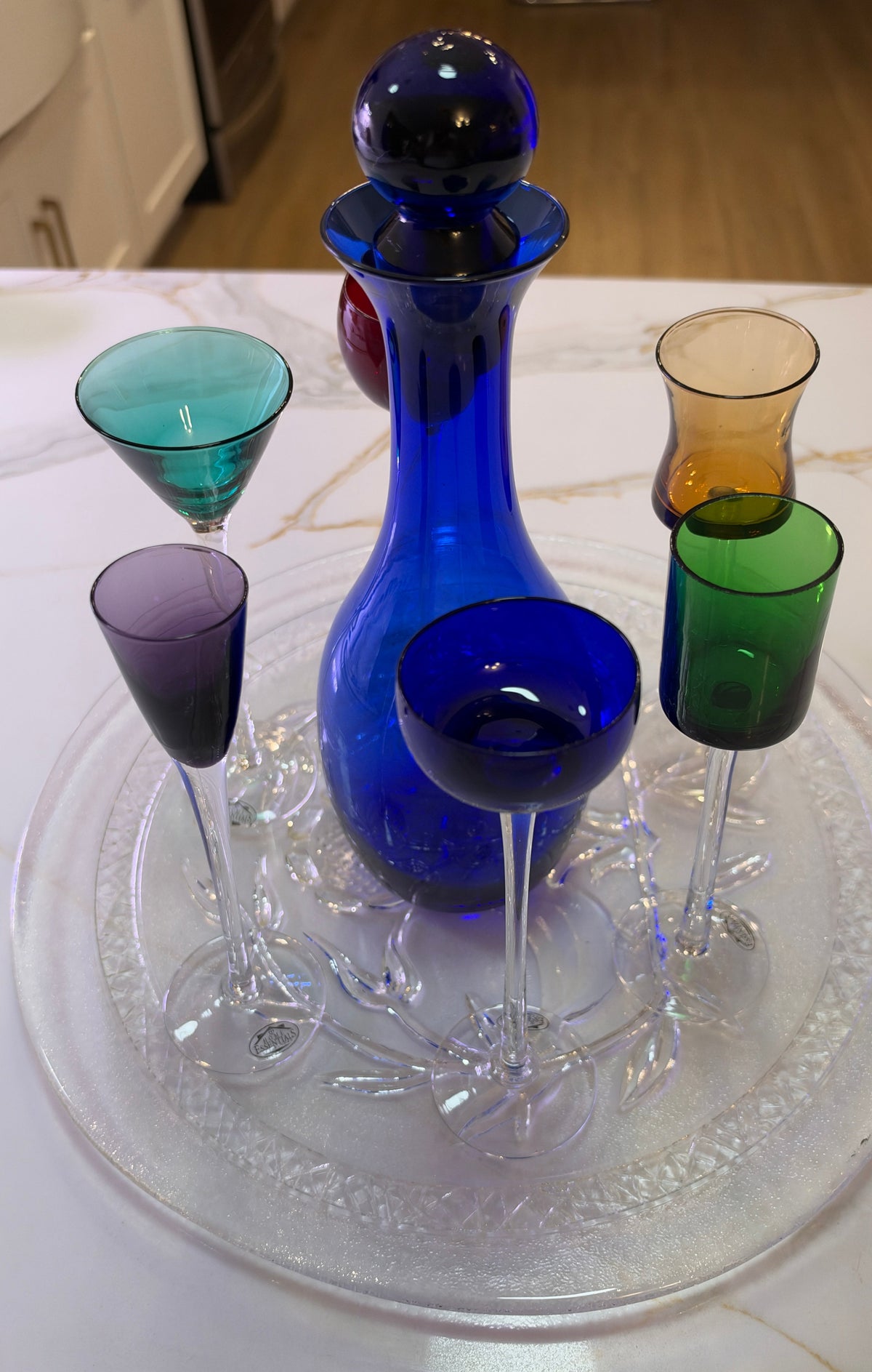 6-Piece Long Stem Cordial Set & Decanter 6pc Rainbow Color. Retro Murano Style Harlequin Multi-Color Cordial Liqueur Glass and decanter Set 1980s–1990s Postmodern Art Deco Revival glassware
