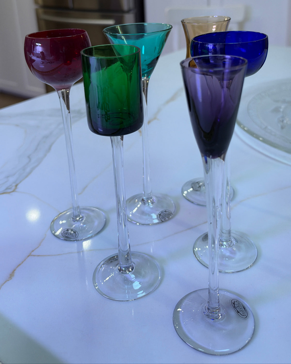 6-Piece Long Stem Cordial Set & Decanter 6pc Rainbow Color. Retro Murano Style Harlequin Multi-Color Cordial Liqueur Glass and decanter Set 1980s–1990s Postmodern Art Deco Revival glassware