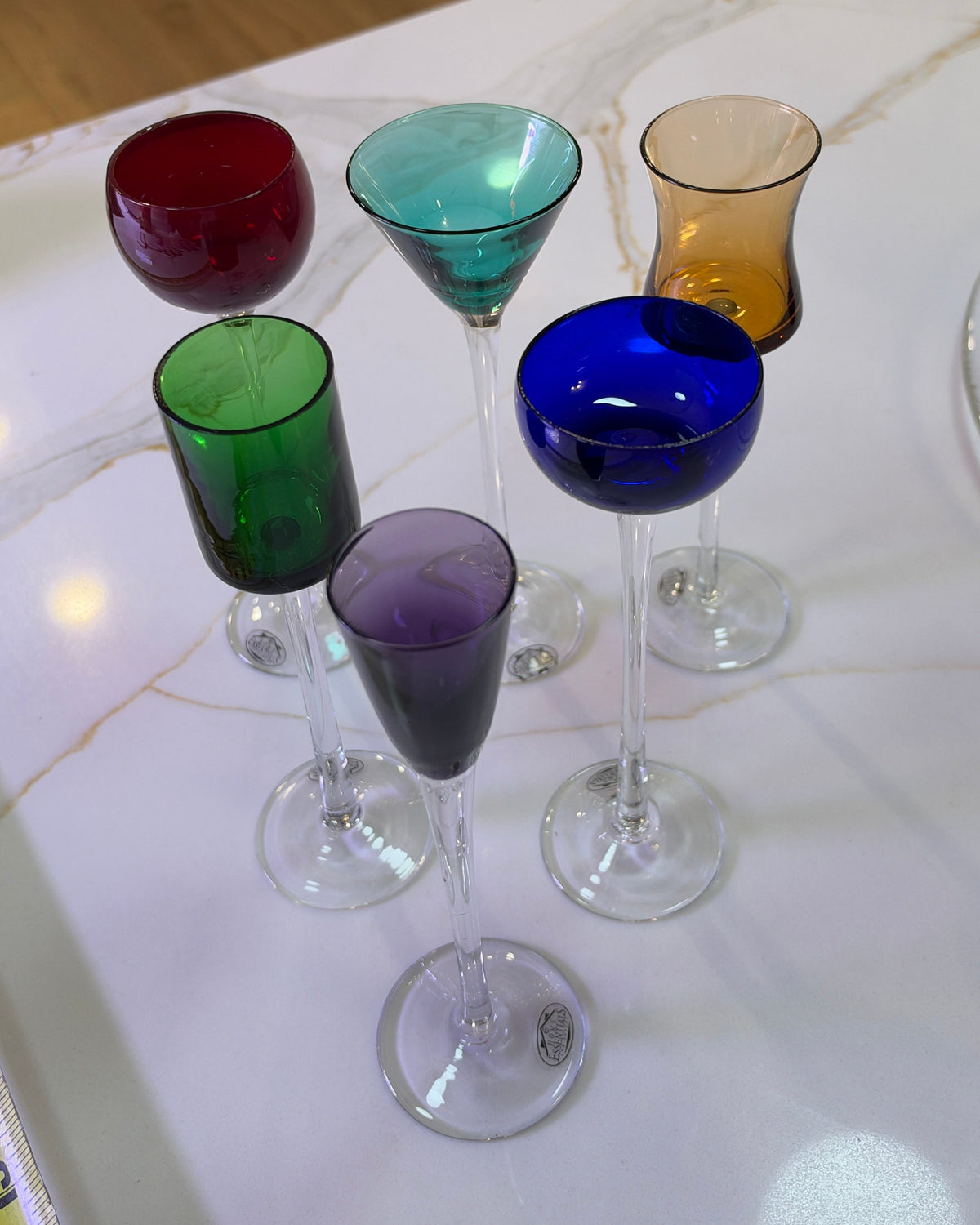 6-Piece Long Stem Cordial Set & Decanter 6pc Rainbow Color. Retro Murano Style Harlequin Multi-Color Cordial Liqueur Glass and decanter Set 1980s–1990s Postmodern Art Deco Revival glassware
