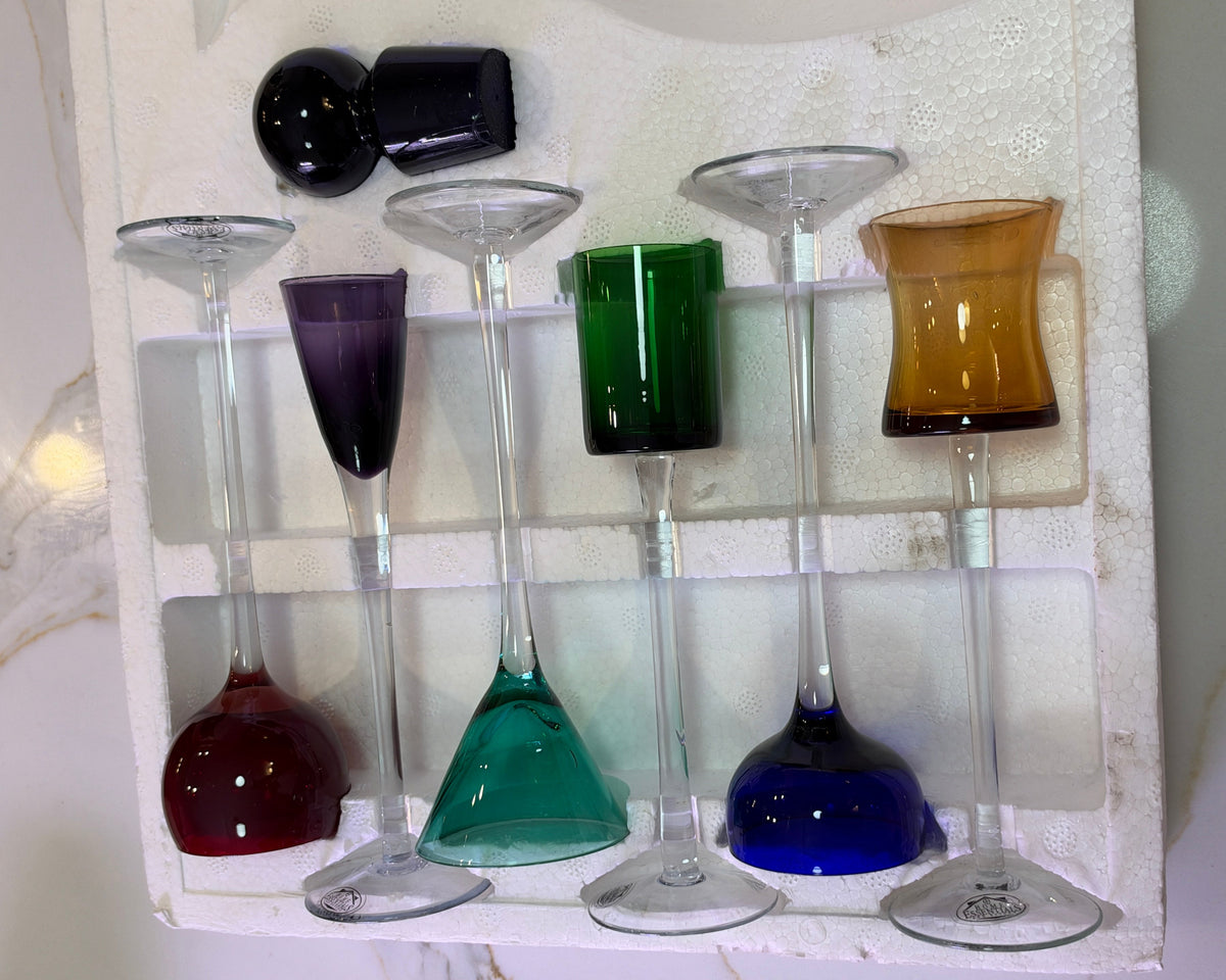 6-Piece Long Stem Cordial Set & Decanter 6pc Rainbow Color. Retro Murano Style Harlequin Multi-Color Cordial Liqueur Glass and decanter Set 1980s–1990s Postmodern Art Deco Revival glassware