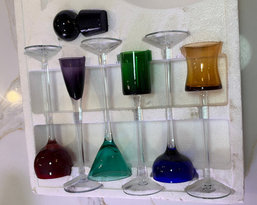 6-Piece Long Stem Cordial Set & Decanter 6pc Rainbow Color. Retro Murano Style Harlequin Multi-Color Cordial Liqueur Glass and decanter Set 1980s–1990s Postmodern Art Deco Revival glassware