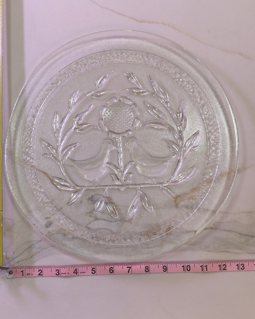 Vintage Birds of Peace or Partridge & wreath. Clear Pressed Glass Serving Platter – 13" Cake Plate