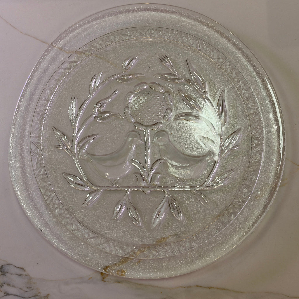 Vintage Birds of Peace or Partridge & wreath. Clear Pressed Glass Serving Platter – 13" Cake Plate