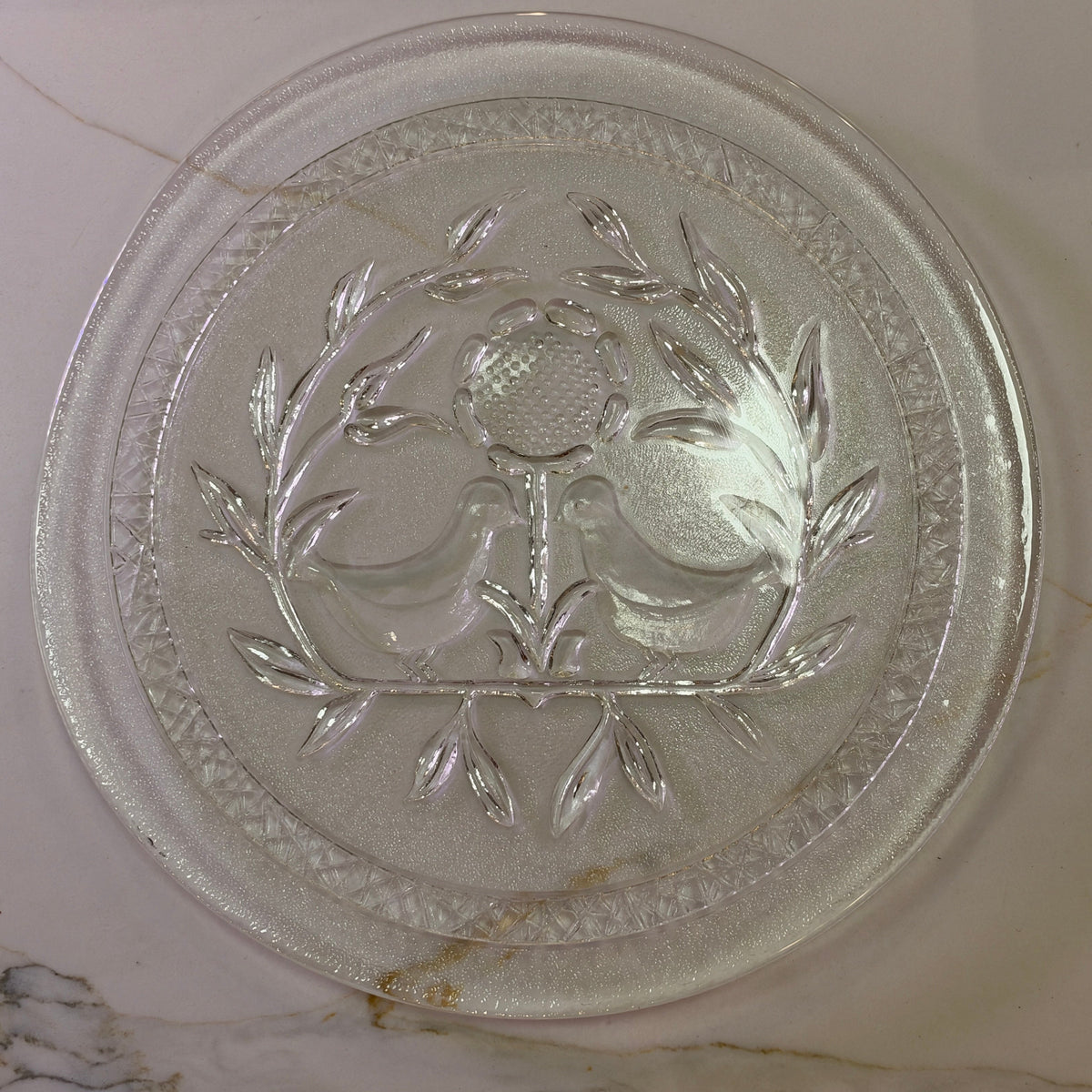 Vintage Birds of Peace or Partridge & wreath. Clear Pressed Glass Serving Platter – 13" Cake Plate