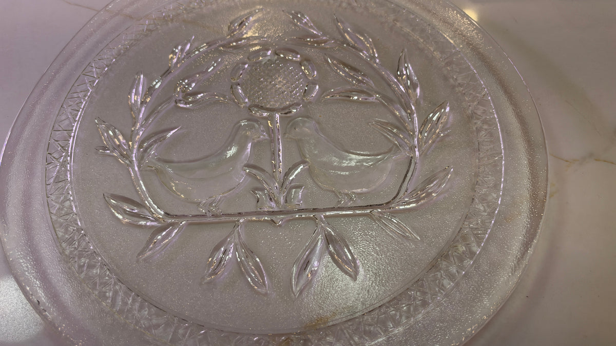 Vintage Birds of Peace or Partridge & wreath. Clear Pressed Glass Serving Platter – 13" Cake Plate