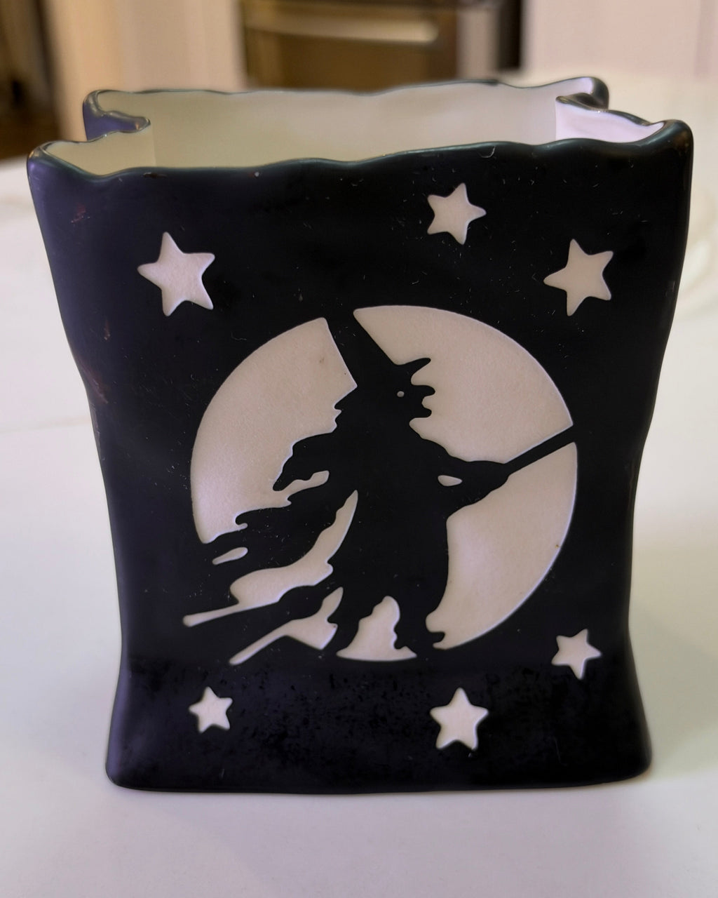 Vintage PartyLite Vintage Halloween Flying Witch Ceramic Votive Candle Holder – Black & White