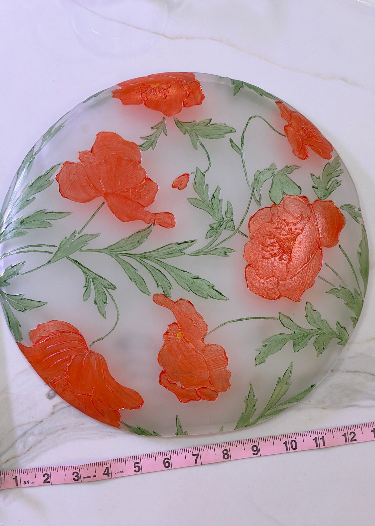 Hand-Painted Orange Floral Frosted Glass Serving Platter – 13" Shallow Charger serving trays