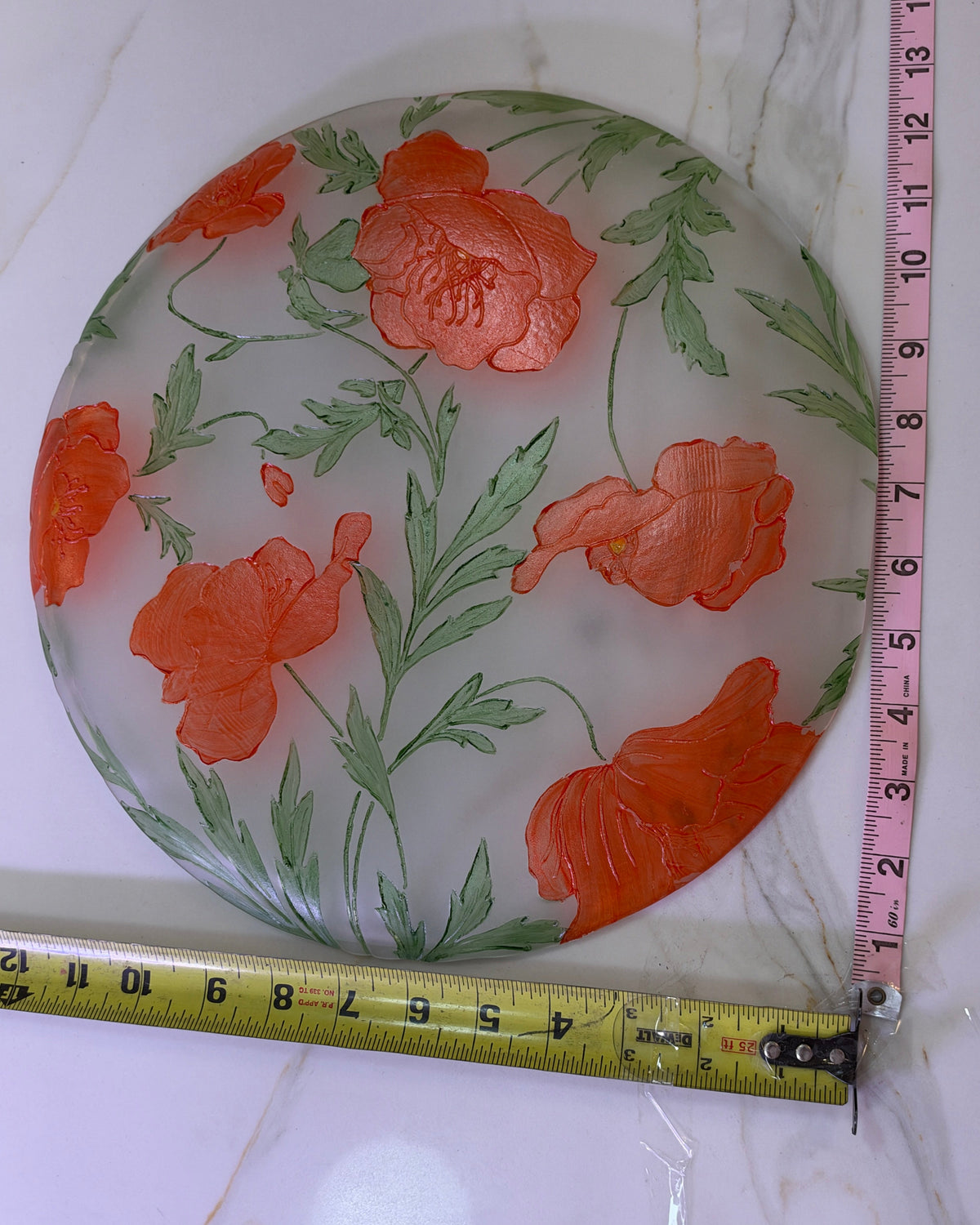Hand-Painted Orange Floral Frosted Glass Serving Platter – 13" Shallow Charger serving trays