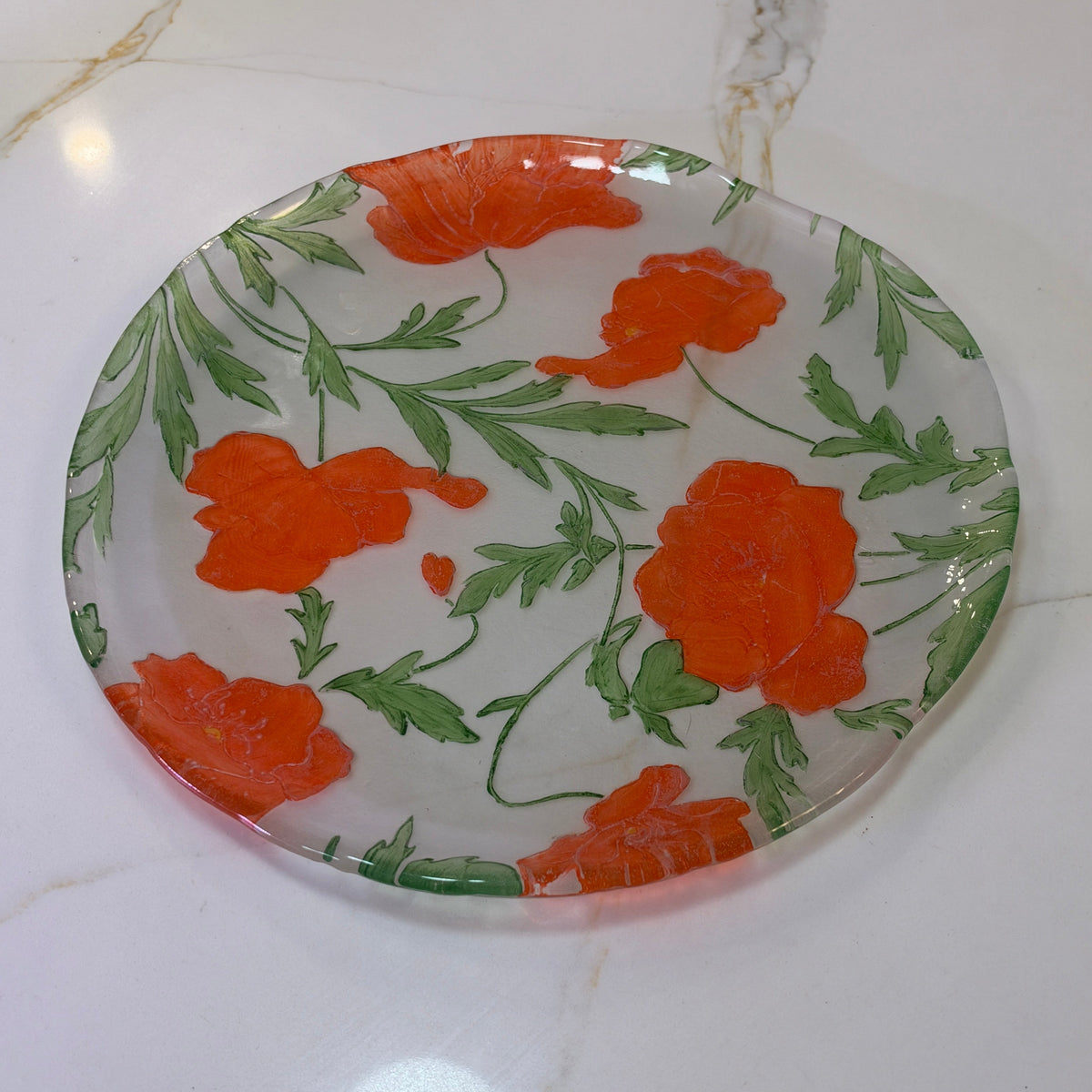 Hand-Painted Orange Floral Frosted Glass Serving Platter – 13" Shallow Charger serving trays