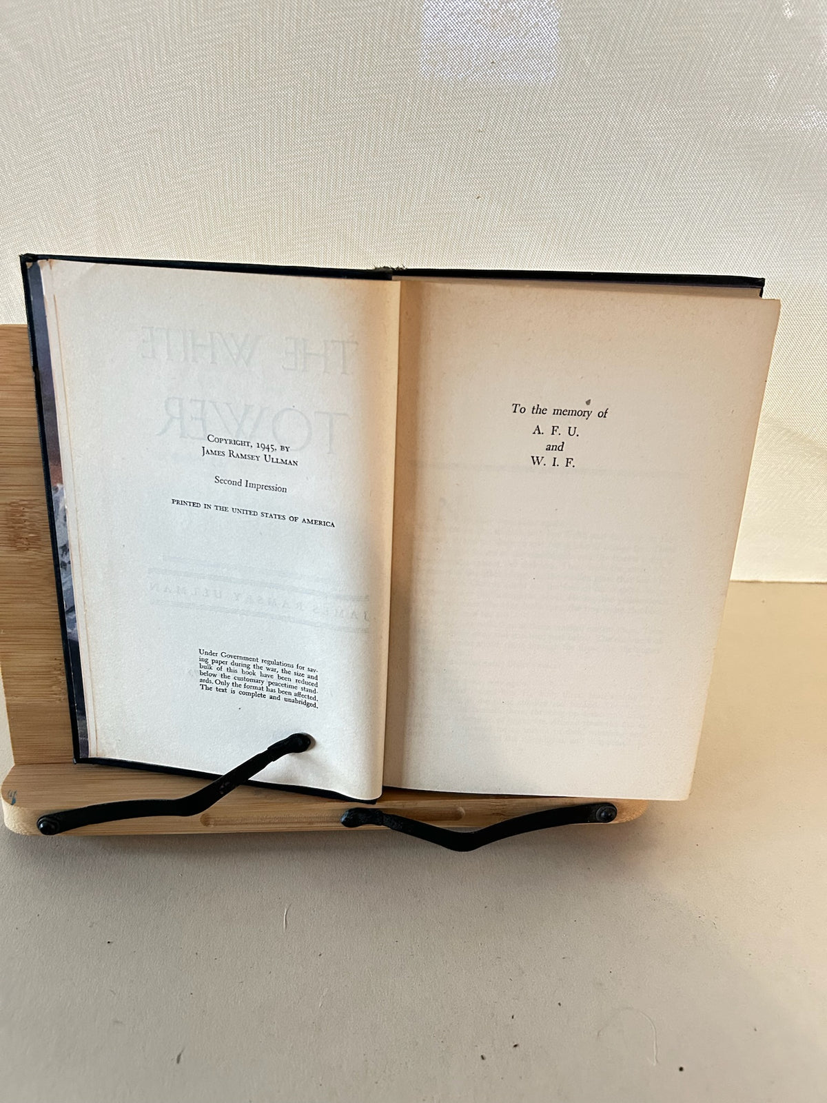 The White Tower – James Ramsey Ullman – 1945 Second Impression – J. B. Lippincott Hardcover