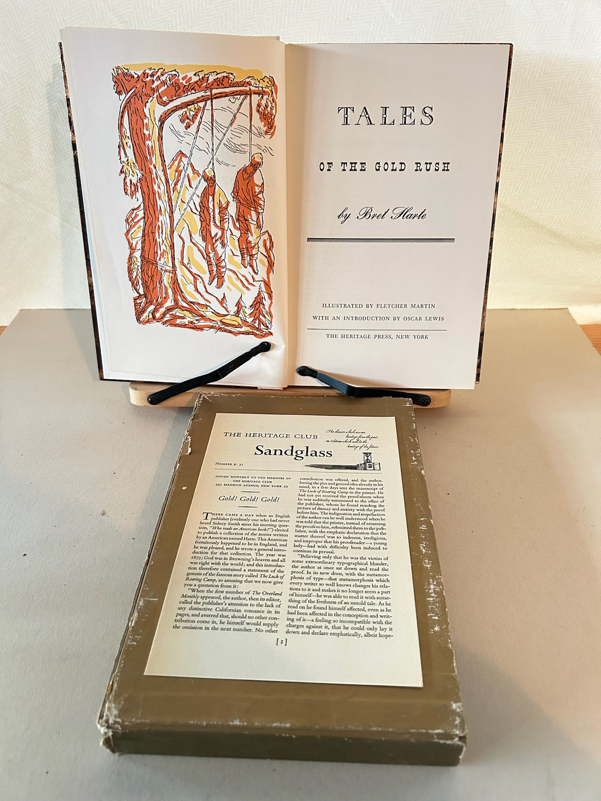 Bret Harte’s Tales of the Gold Rush – Illustrated by Fletcher Martin, Introduction by Oscar Lewis – 1944 Heritage Press Hardcover with Slipcase & Sandglass