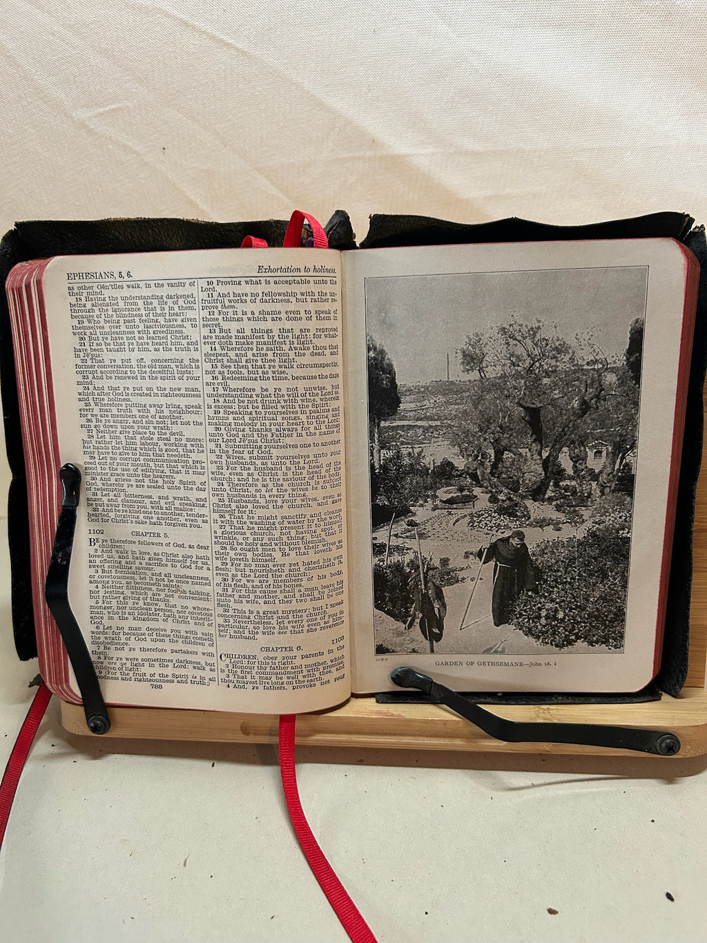 Rare Antique Holy Bible Illustrated Questions & Answers | Black Textured Hardcover with Red Ribbon Marker