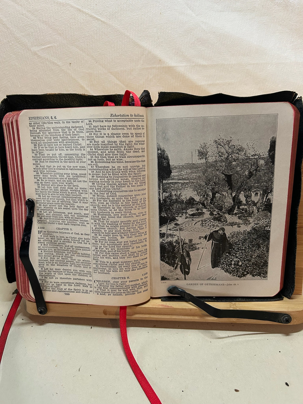 Rare Antique Holy Bible Illustrated Questions & Answers | Black Textured Hardcover with Red Ribbon Marker