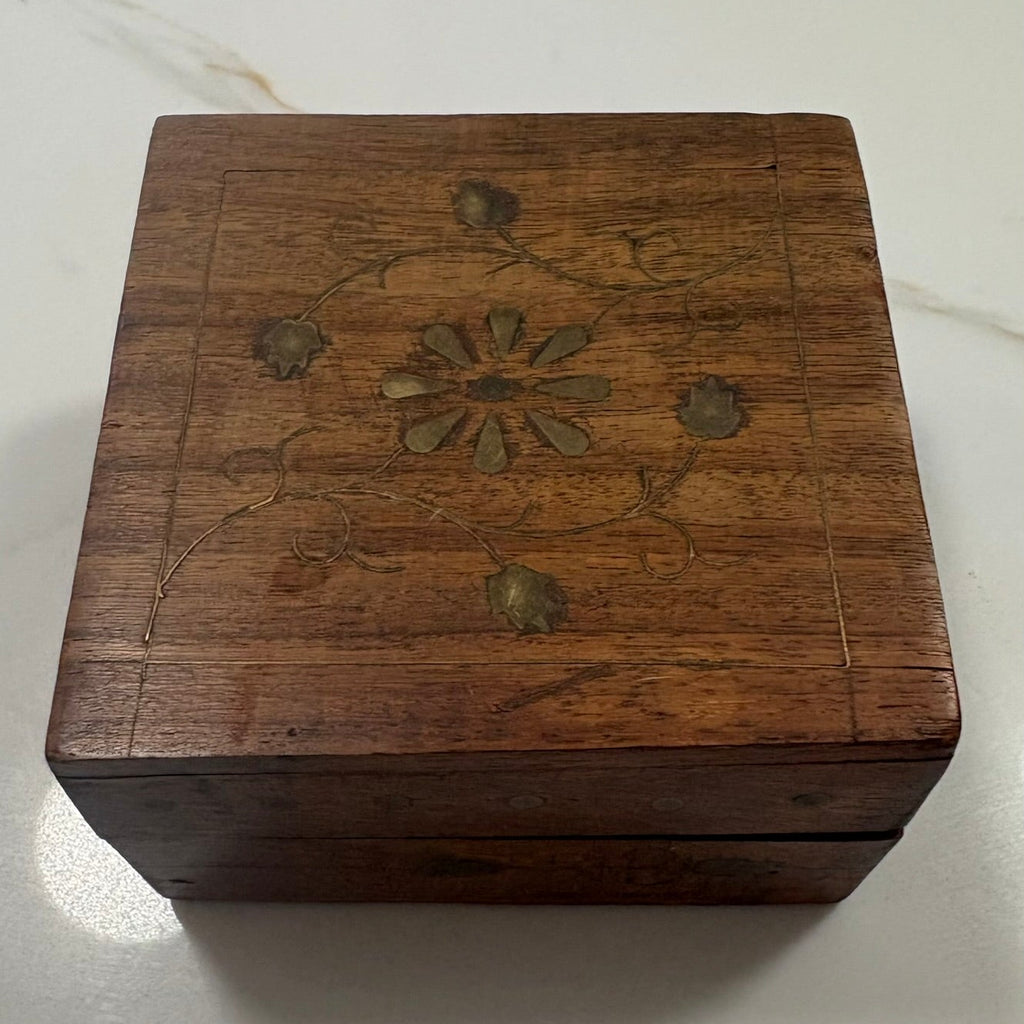 Vintage Brass Inlay Hand-Carved Wooden Trinket Box Jewelry - Brass Floral Inlay 4"x4" Jewelry Keepsake Storage