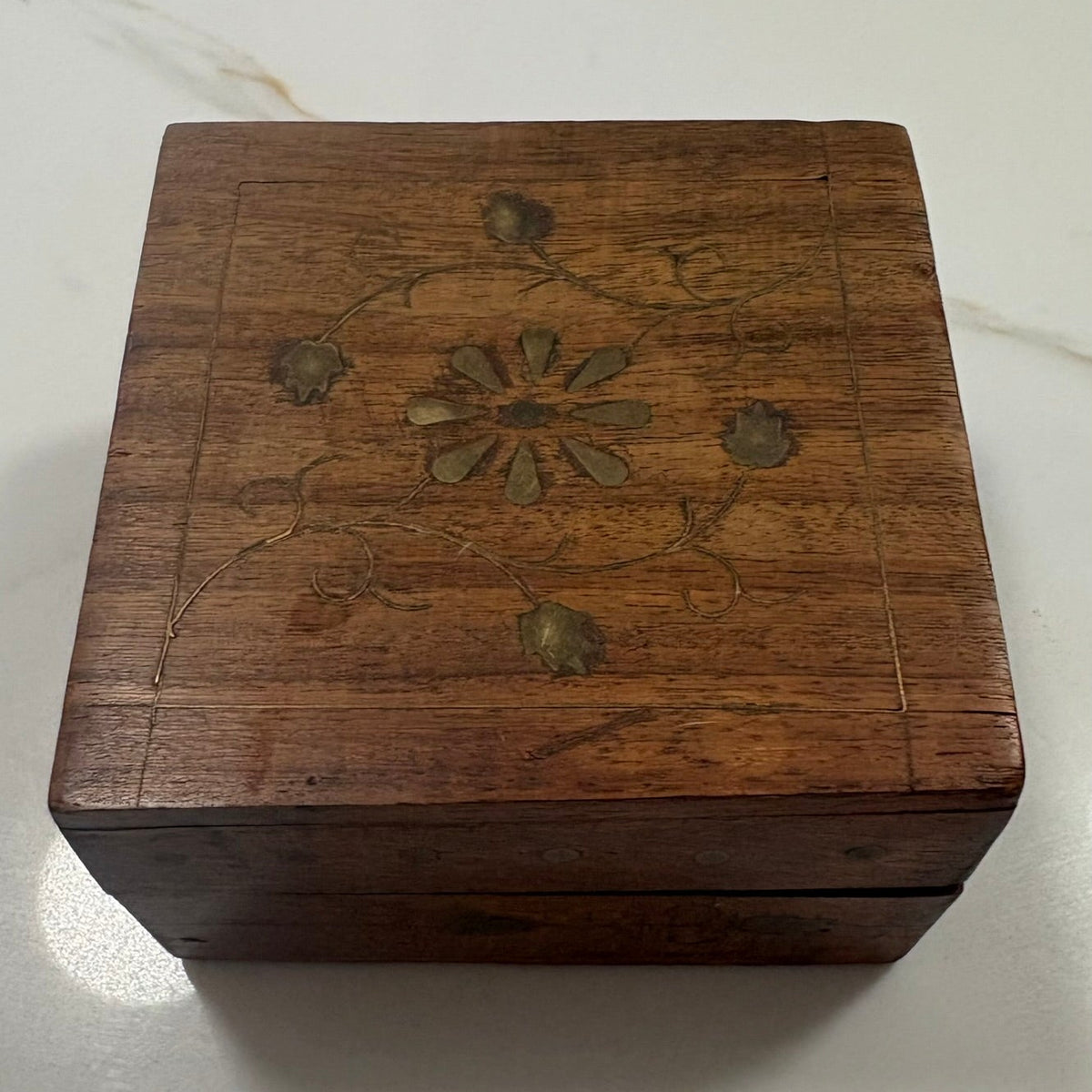 Vintage Brass Inlay Hand-Carved Wooden Trinket Box Jewelry - Brass Floral Inlay 4"x4" Jewelry Keepsake Storage