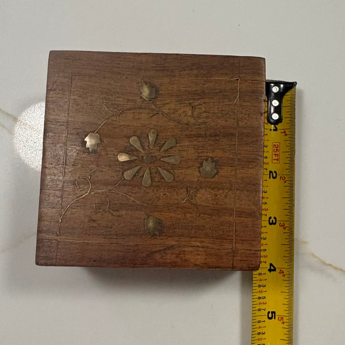 Vintage Brass Inlay Hand-Carved Wooden Trinket Box Jewelry - Brass Floral Inlay 4"x4" Jewelry Keepsake Storage