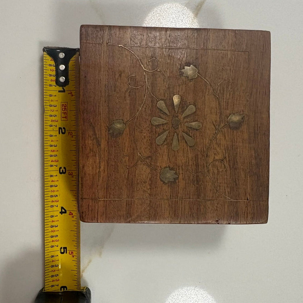 Vintage Brass Inlay Hand-Carved Wooden Trinket Box Jewelry - Brass Floral Inlay 4"x4" Jewelry Keepsake Storage