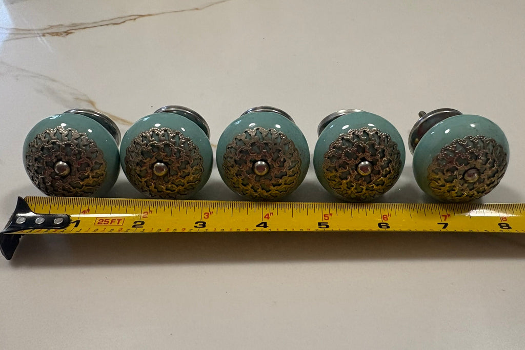 Vintage Turquoise Ceramic Cabinet Knobs with Metal Filigree - Set of 5 Dresser Drawer Pulls