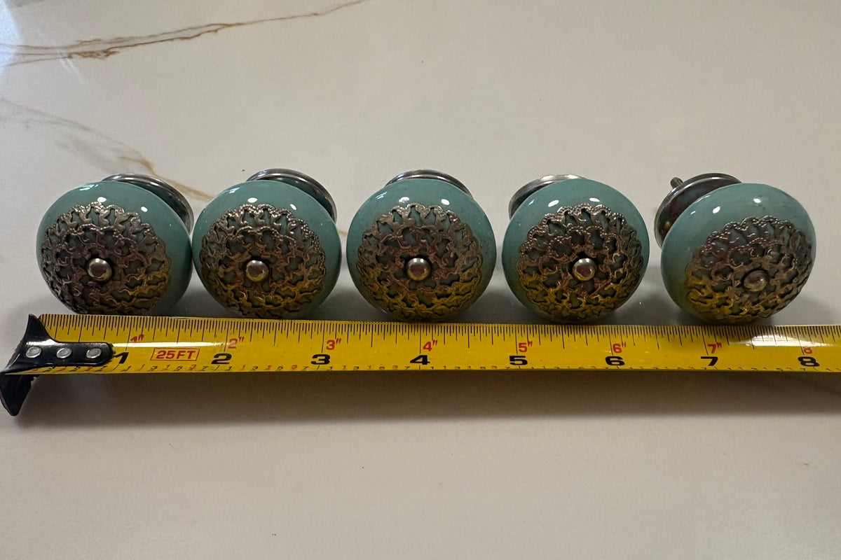 Vintage Turquoise Ceramic Cabinet Knobs with Metal Filigree - Set of 5 Dresser Drawer Pulls