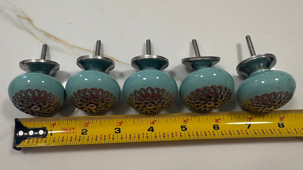 Vintage Turquoise Ceramic Cabinet Knobs with Metal Filigree - Set of 5 Dresser Drawer Pulls
