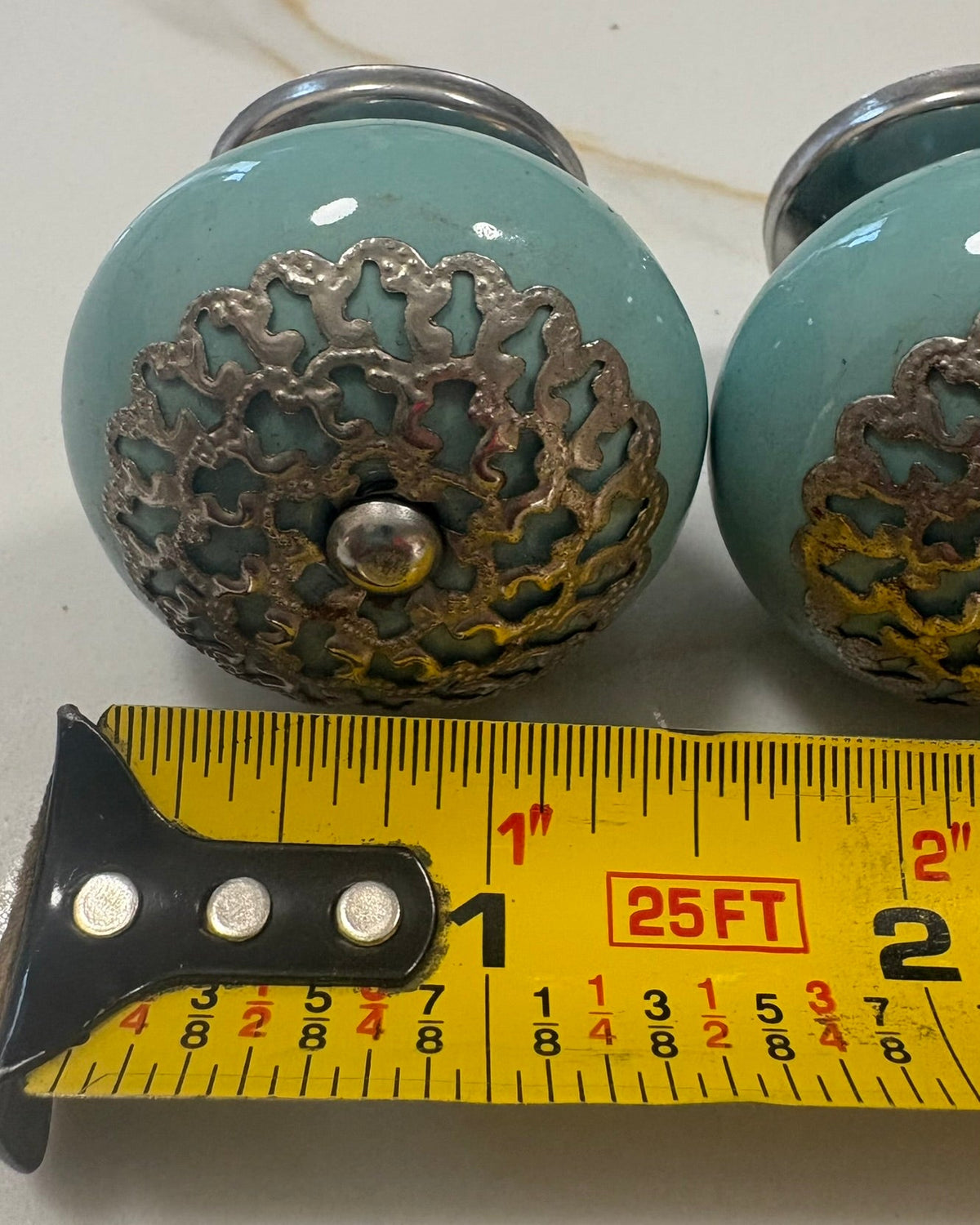 Vintage Turquoise Ceramic Cabinet Knobs with Metal Filigree - Set of 5 Dresser Drawer Pulls