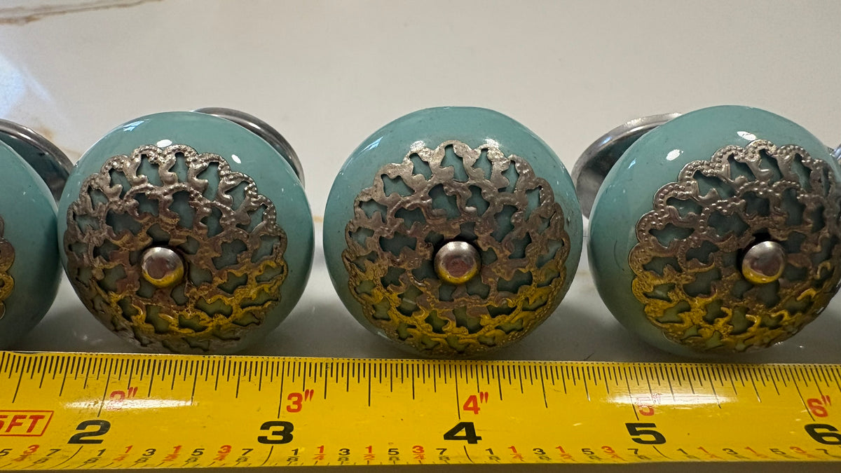 Vintage Turquoise Ceramic Cabinet Knobs with Metal Filigree - Set of 5 Dresser Drawer Pulls