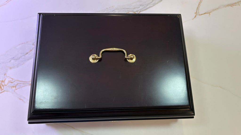 Large Vintage Cherry Wood Jewelry Box - Brass Handle & Removable Velvet Organizer Tray