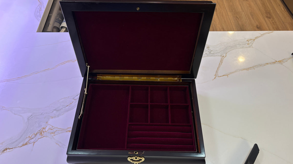 Large Vintage Cherry Wood Jewelry Box - Brass Handle & Removable Velvet Organizer Tray