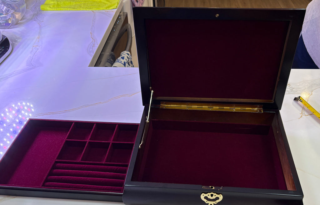 Large Vintage Cherry Wood Jewelry Box - Brass Handle & Removable Velvet Organizer Tray