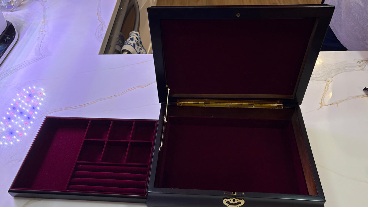 Large Vintage Cherry Wood Jewelry Box - Brass Handle & Removable Velvet Organizer Tray