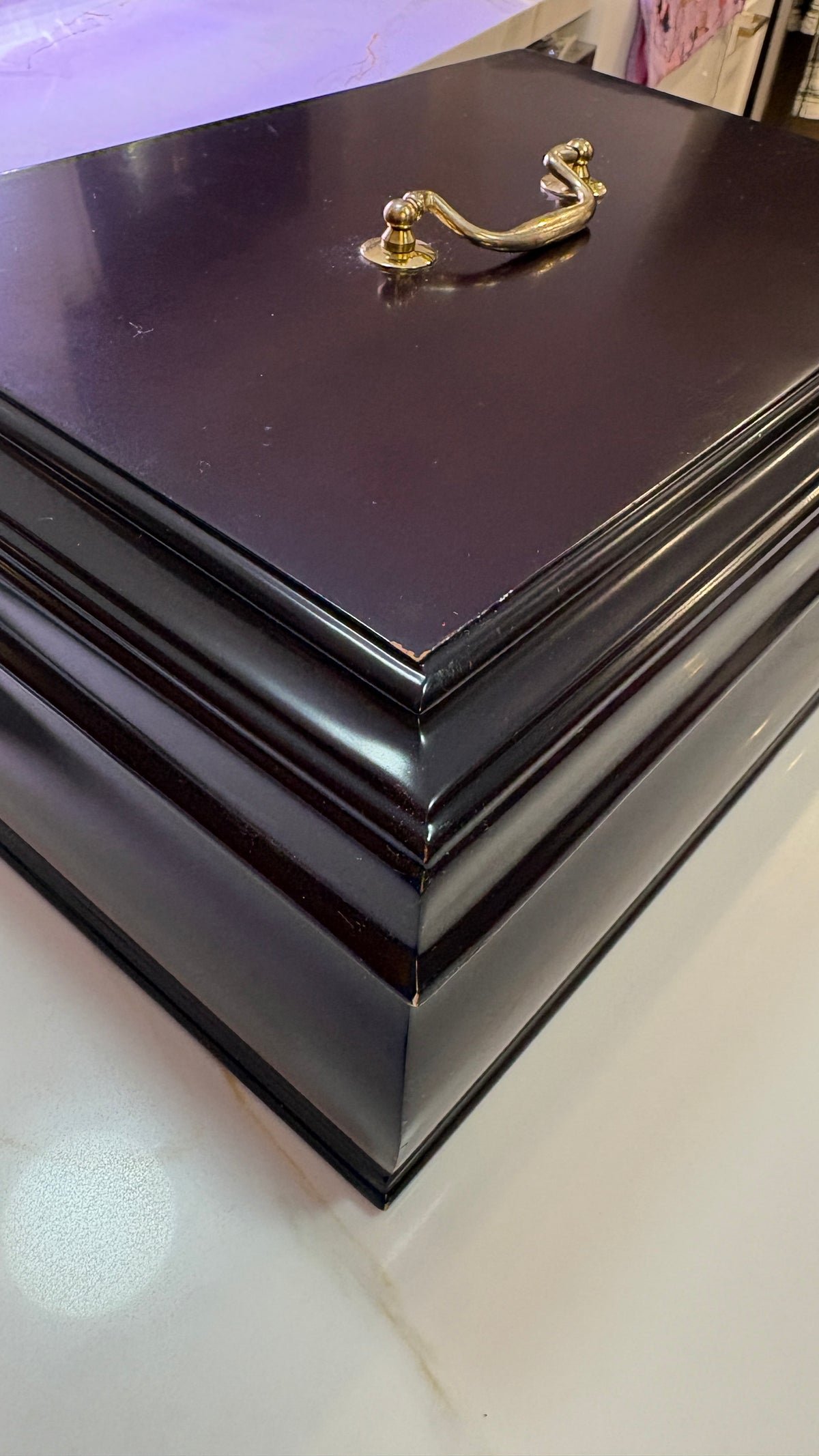 Large Vintage Cherry Wood Jewelry Box - Brass Handle & Removable Velvet Organizer Tray