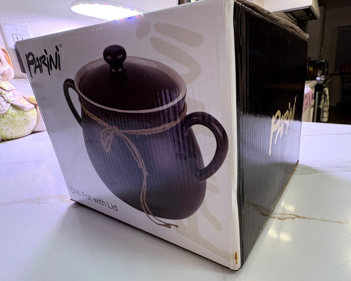 NEW Open Box Parini Ceramic Chili Pot with Lid – Matte Dark Brown 9.5" Soup Casserole Dutch Oven