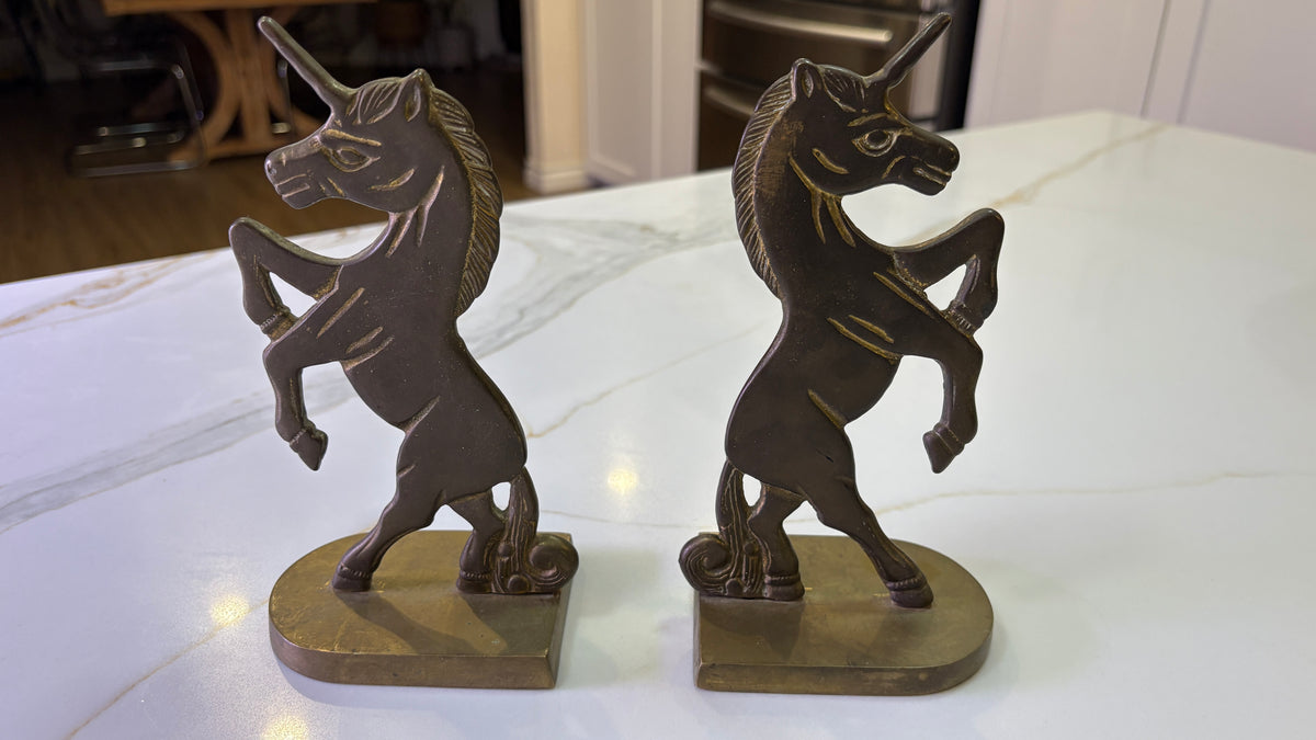 Vintage 1970's Brass Rearing Unicorn Bookends - Solid Heavy Metal Shelf Organizers - Pair of 2