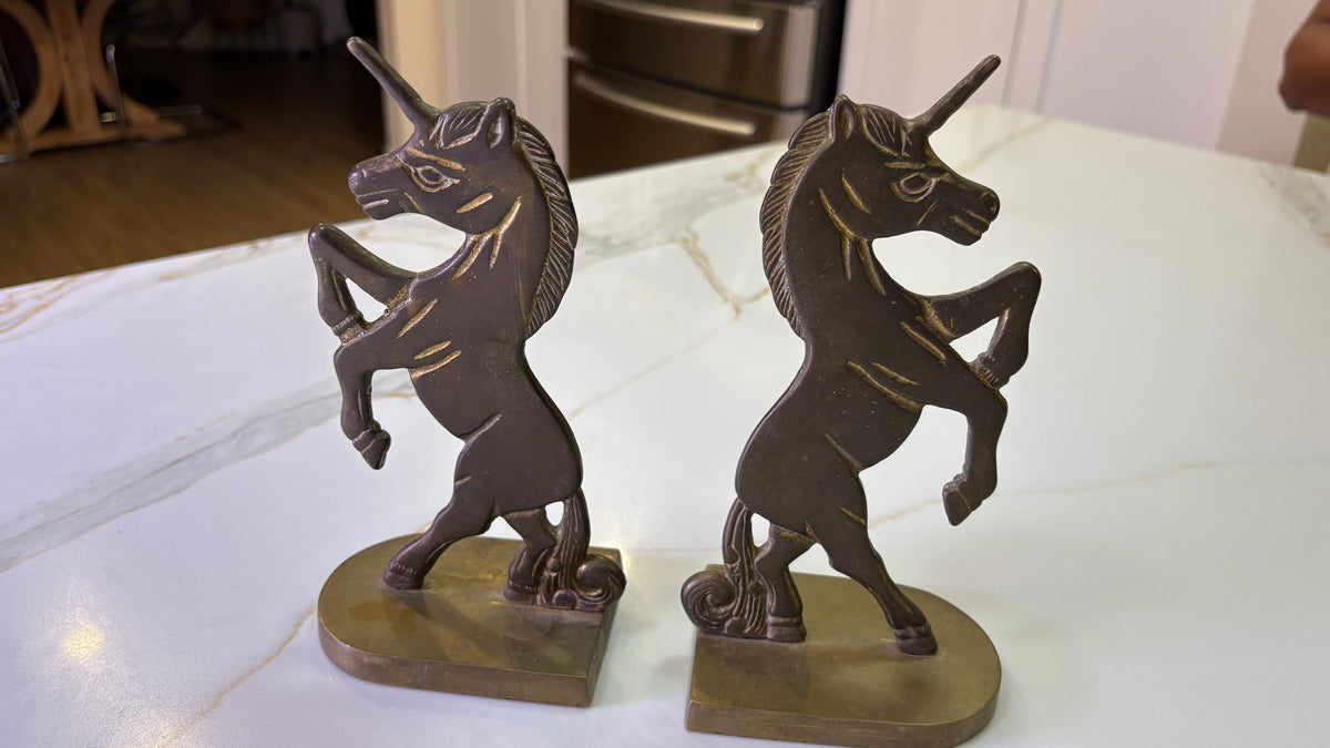 Vintage 1970's Brass Rearing Unicorn Bookends - Solid Heavy Metal Shelf Organizers - Pair of 2