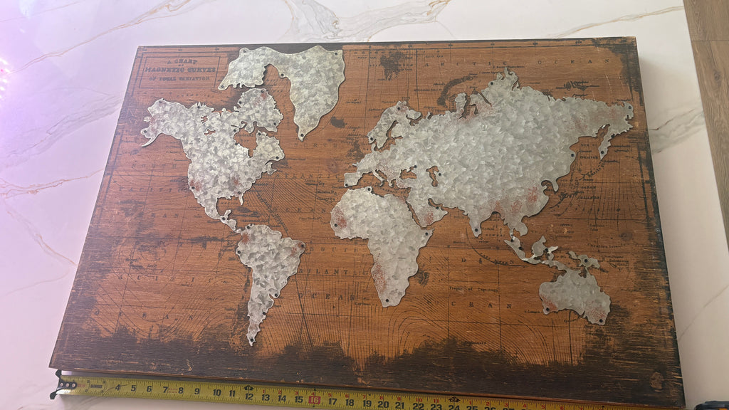 Industrial Rustic World Map Wall Art – Galvanized Metal & Distressed Wood, 36" x 24"