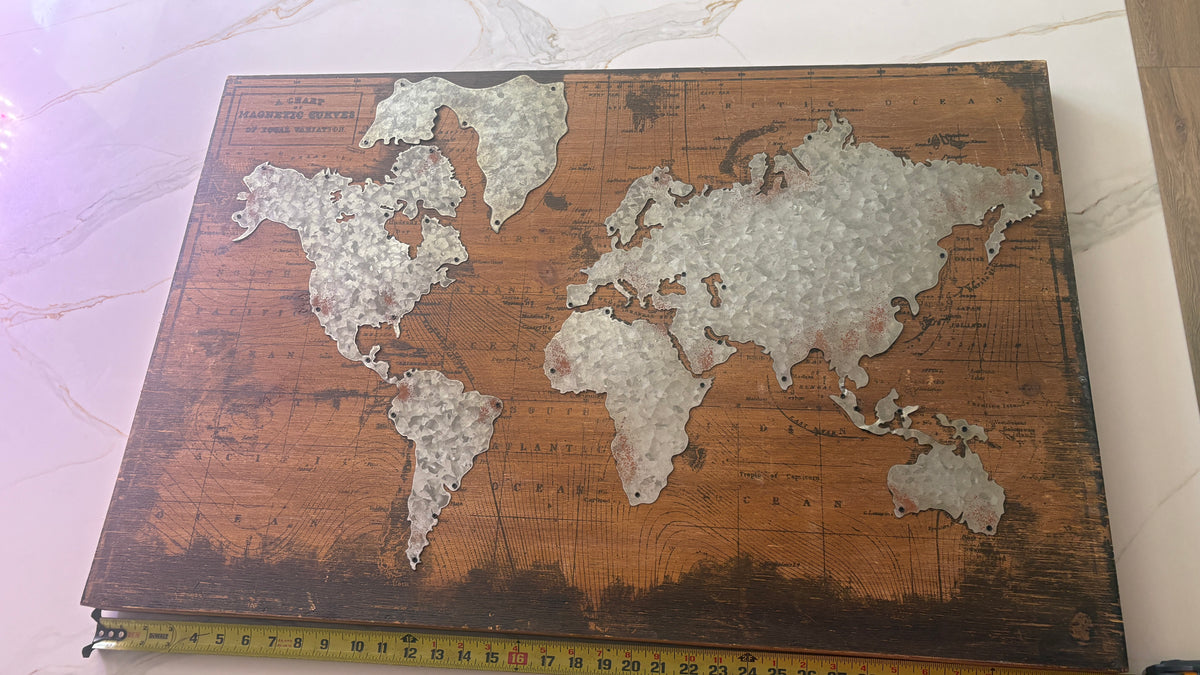 Industrial Rustic World Map Wall Art – Galvanized Metal & Distressed Wood, 36" x 24"