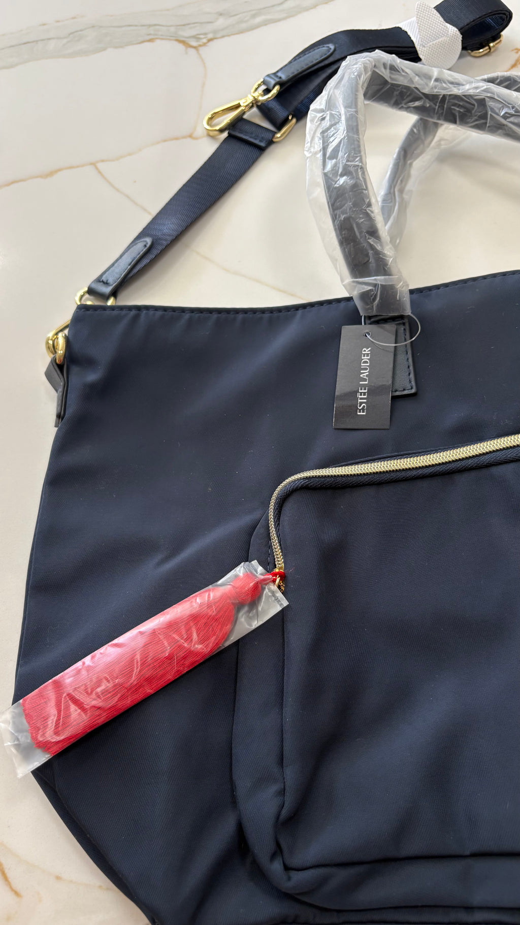 New Estée Lauder Navy Recycled Fabric Tote Bag – Large Shoulder Bag with Gold Hardware & Tassel
