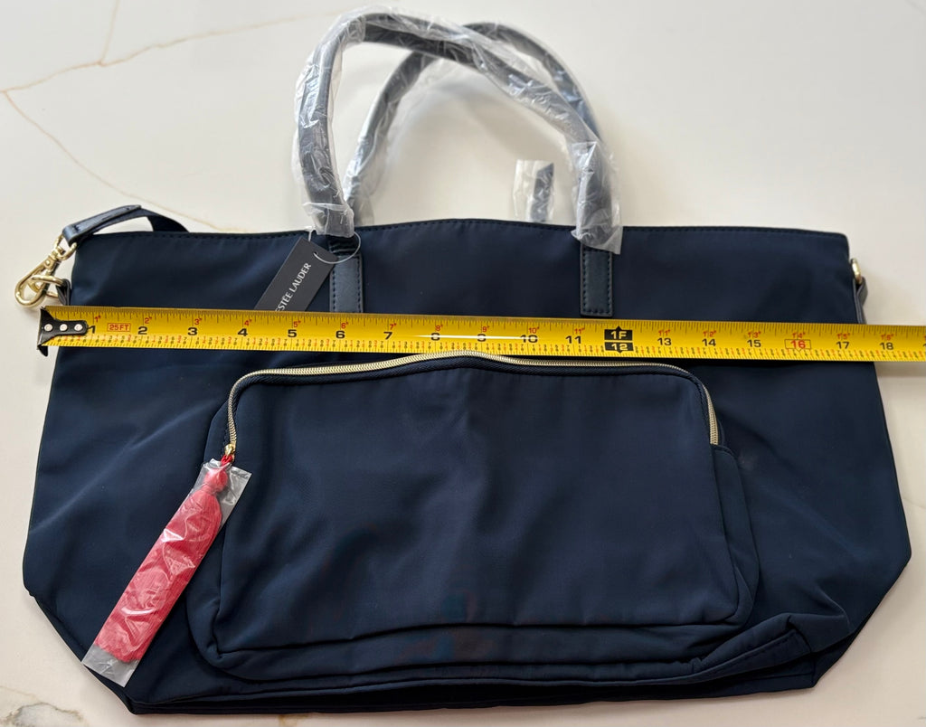 New Estée Lauder Navy Recycled Fabric Tote Bag – Large Shoulder Bag with Gold Hardware & Tassel