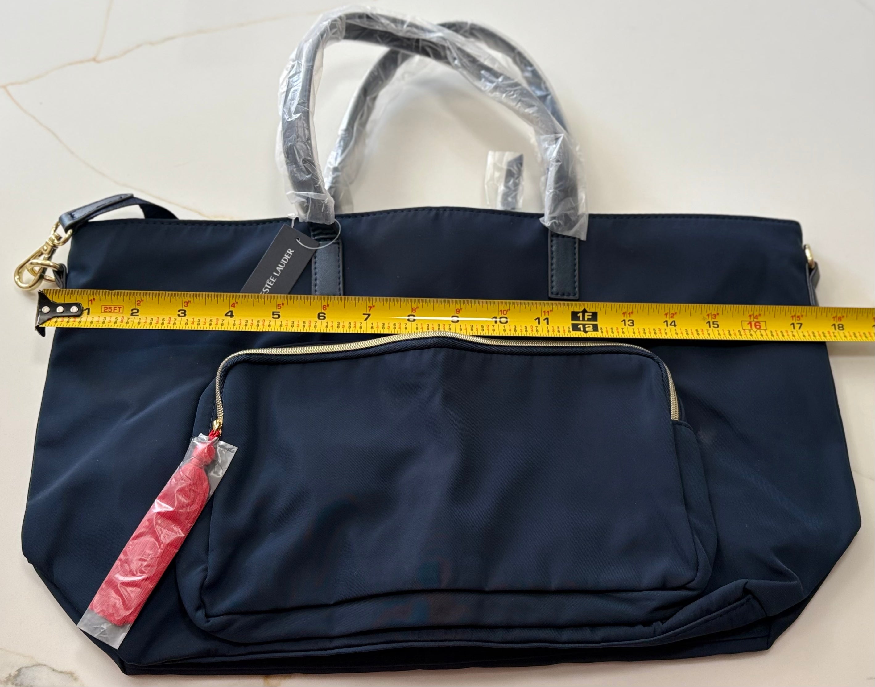 New Estée Lauder Navy Recycled Fabric Tote Bag – Large Shoulder Bag with Gold Hardware & Tassel