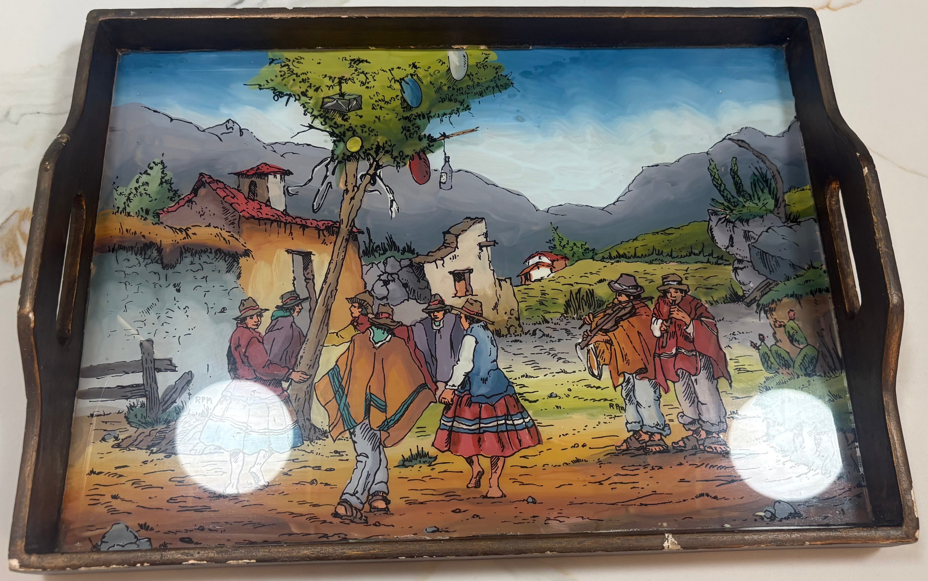 Vintage Peruvian Folk Art Wood Serving Tray – Andean Village Scene, Hand-Painted Style