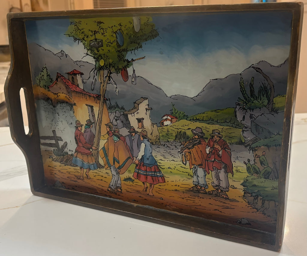 Vintage Peruvian Folk Art Wood Serving Tray – Andean Village Scene, Hand-Painted Style