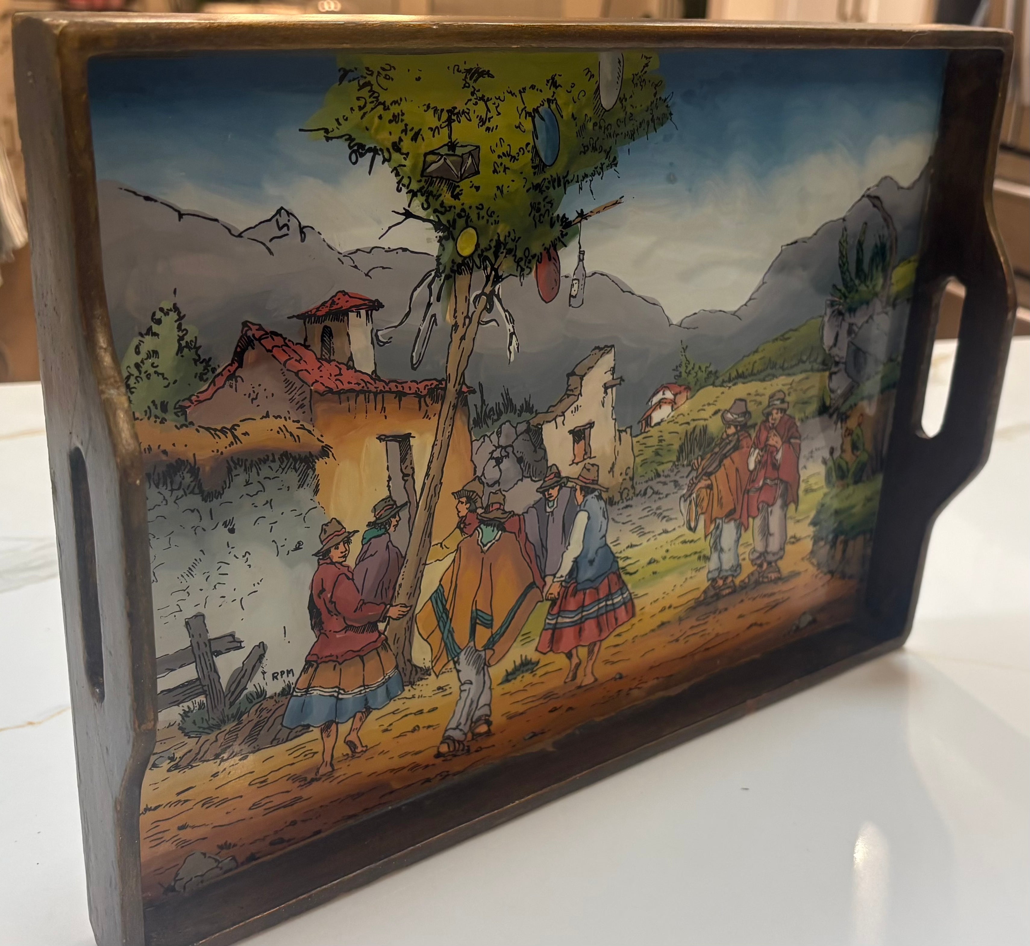 Vintage Peruvian Folk Art Wood Serving Tray – Andean Village Scene, Hand-Painted Style