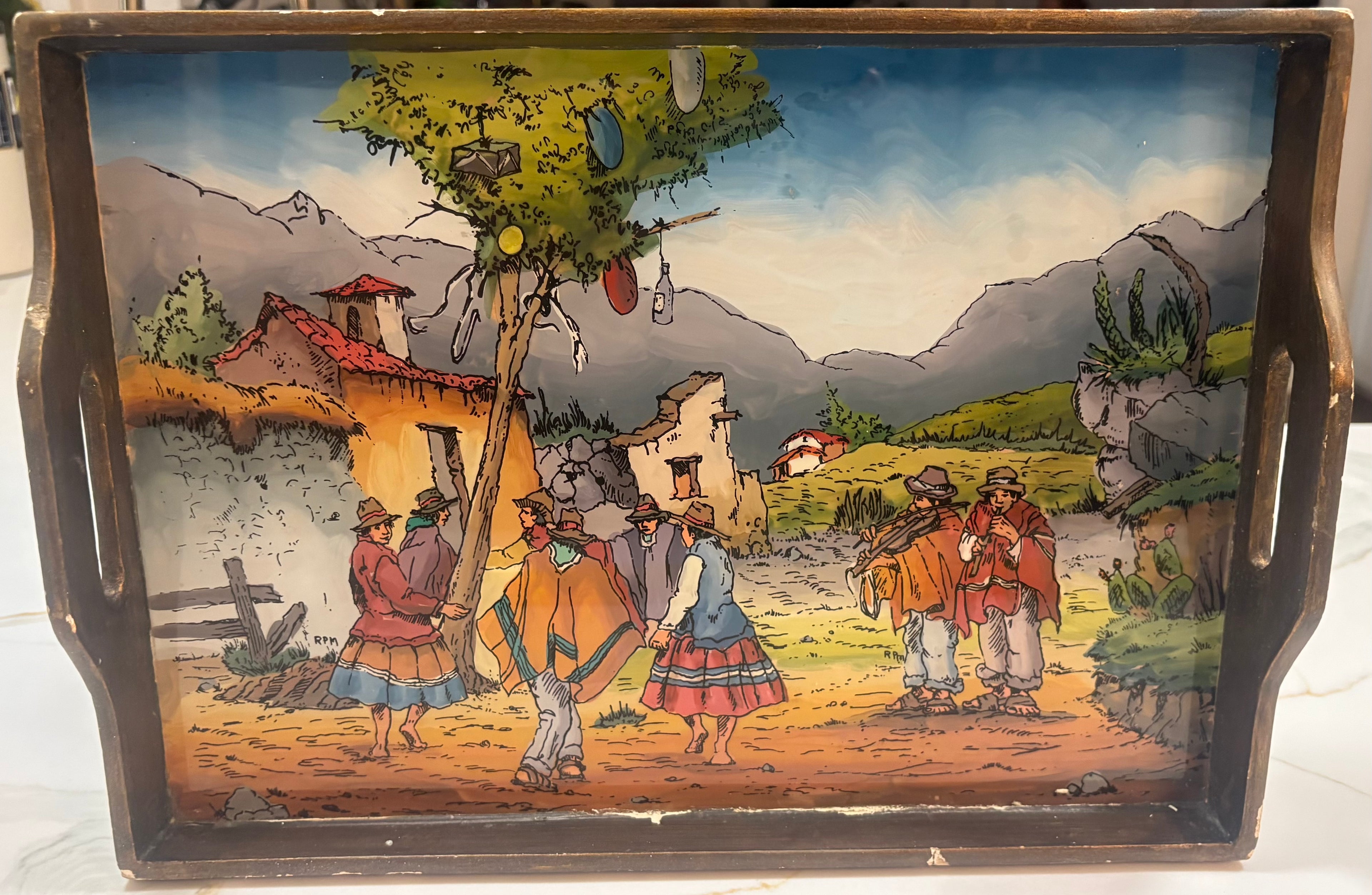 Vintage Peruvian Folk Art Wood Serving Tray – Andean Village Scene, Hand-Painted Style