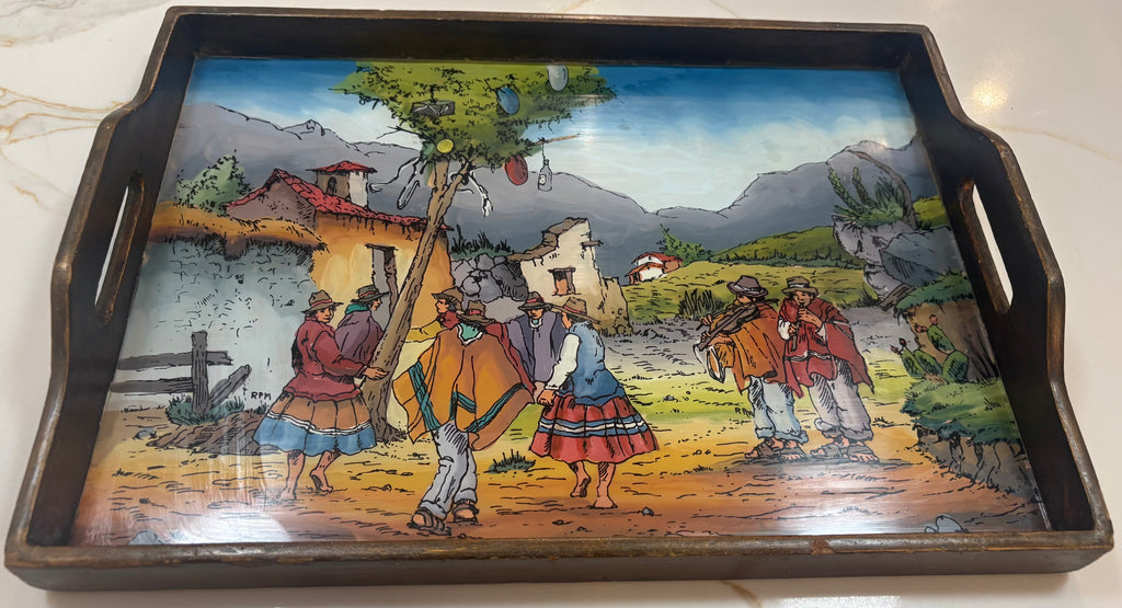 Vintage Peruvian Folk Art Wood Serving Tray – Andean Village Scene, Hand-Painted Style